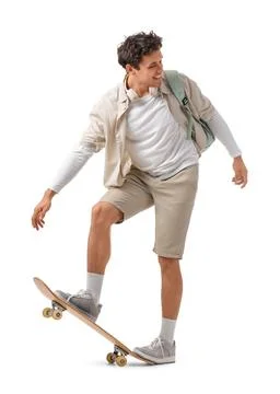 Happy young man with backpack riding skateboard on white background Stock Photos