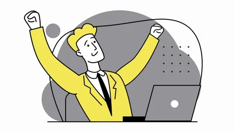 Happy young man completed task and triumphing with raised hands on his workplace Stock Footage 154545997