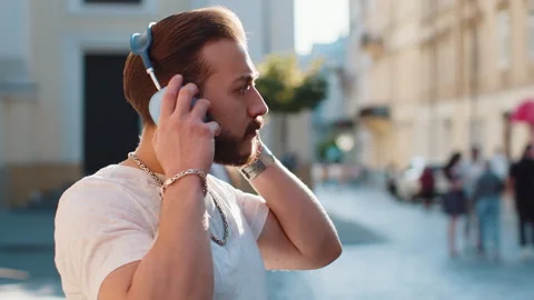 Happy young man guy in wireless Stock Video Pond5