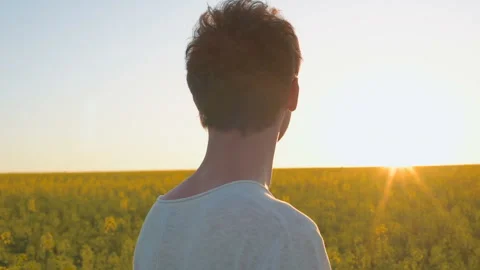 Happy young man having fun and dancing in yellow field during sunset Stock Footage 89444442