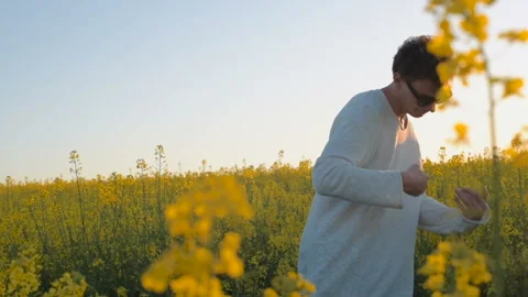Happy young man having fun and dancing in yellow field during sunset Stock Footage 89447994