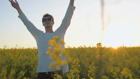 Happy young man having fun and dancing in yellow field during sunset Stock Footage 89447996