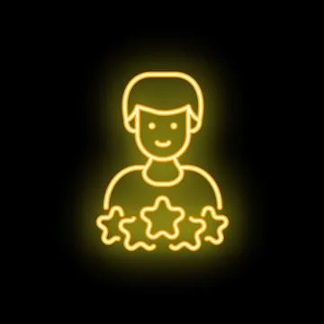 Happy young man holding three stars neon sign on black background Stock Illustration