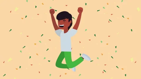 Happy young man jumping with confetti falling in animated celebration style. Stock Footage 339118598