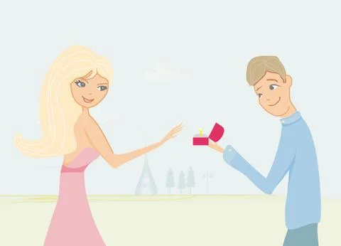 Happy young man making a proposal giving engagement ring to his fiancee in Pa Illustrazione stock