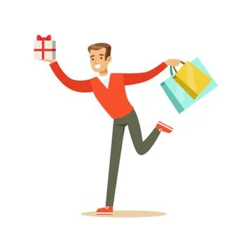 Happy young man in a red pullover running with gift box and shopping bags Stock Illustration