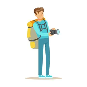 Happy young man standing with backpack and holding flashlight. Colorful cartoon Stock Illustration