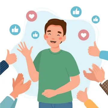 Happy young man surrounded by hands with thumbs up and applauding. Success and Stock Illustration