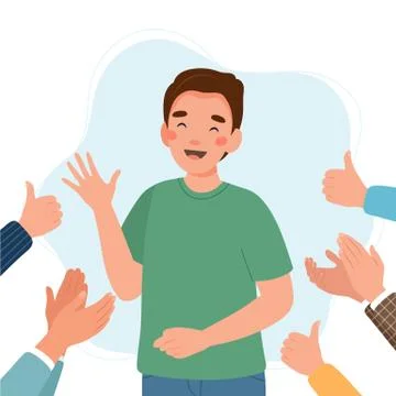 Happy young man surrounded by hands with thumbs up and applauding. Success an Illustration
