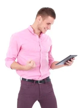 Happy Young Man Using Digital Tablet Isolated Stock Photos