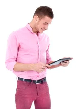 Happy Young Man Using Digital Tablet Isolated Stock Photos