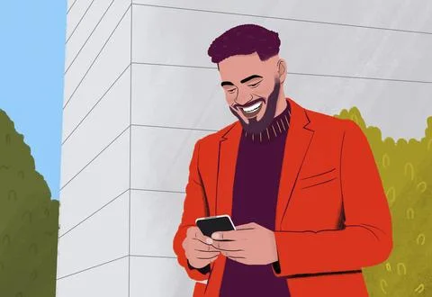 Happy young man using smart phone outside building Fotos de archivo