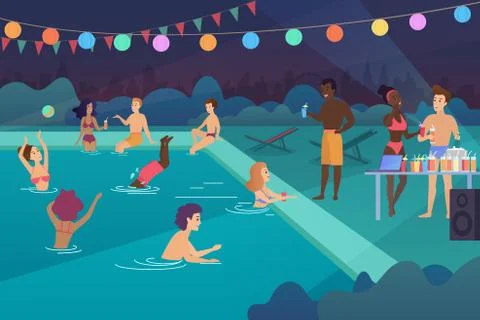 Happy young people having a pool party at night cartoon vector illustration. Stock Illustration