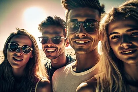 Happy young people in vacation, looking at camera. Generative AI illustration Stock Illustration