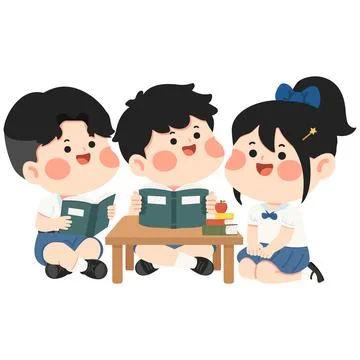 Happy young students reading together in school Stock Illustration