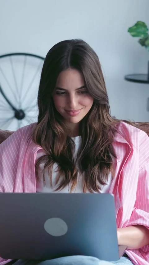 Happy Young Woman Comfortably Using Stock Footage 332684853