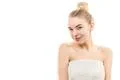 The happy young woman on the white background Photo