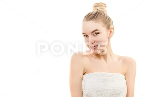 The happy young woman on the white background Stock Photos