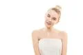 The happy young woman on the white background Photo