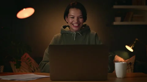 Happy zoom conversation, freelancer talks with family, girl works from home Stock Footage