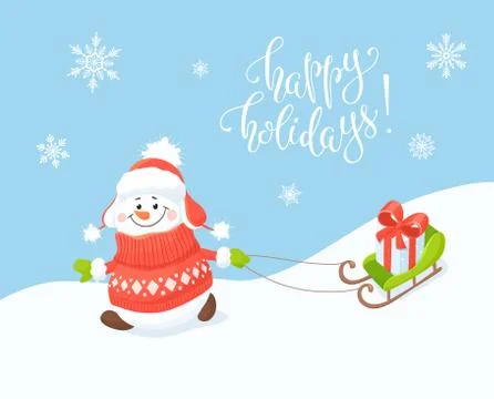 Hapy snowman with sled Stock Illustration