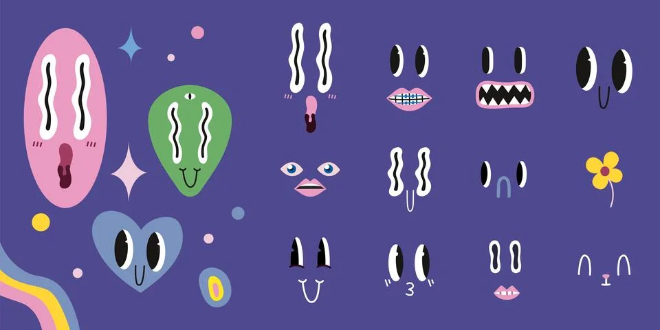 ?haracter creation constructor. Emoji (heart, face, alien) with emotions, Stock Illustration