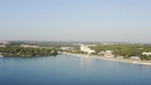 Harbor and Train Yard landscape, aerial fly over Stock Footage 133355773