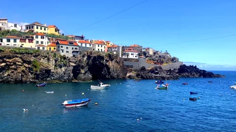 Harbor Bay of Camara de Lobos with Vibrant Houses and Boats, Madeira, Portugal Stock Footage 248896045