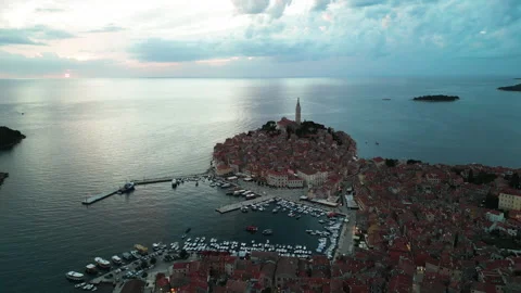 Harbor City View: 4K Sunset Orbit Over Rovinj Stock Footage 258371472