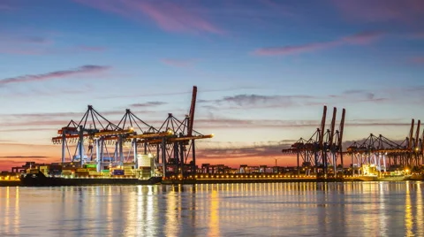 Harbor container ship terminal in evening timelapse Stock Footage 67381655