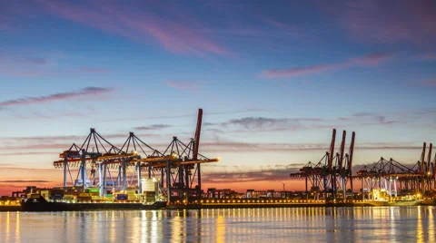 Harbor container ship terminal, sunset timelapse Stock Footage 67381559