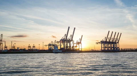 Harbor with cranes and sunset, hyperlapse tracking shot timelapse Stock Footage 60640049