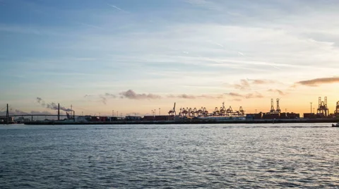 Harbor with cranes and terminal, hyperlapse tracking shot timelapse Stock Footage 60639624
