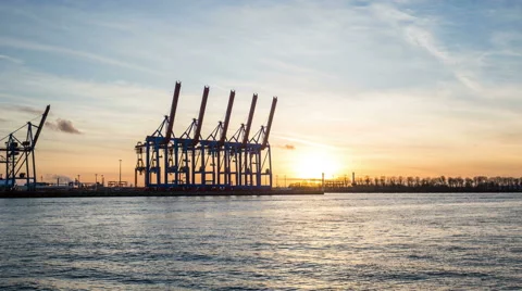 Harbor with cranes and terminal, hyperlapse tracking shot timelapse Stock Footage 60640319