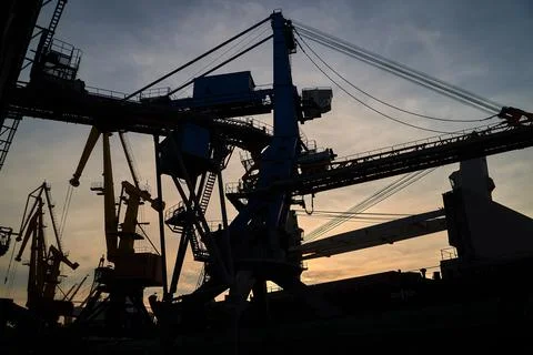 Harbor cranes in backlight Stock Photos