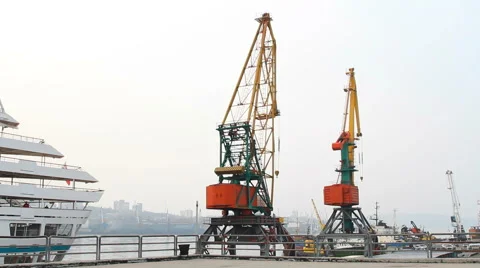Harbor cranes at berth Stock Footage 61494593