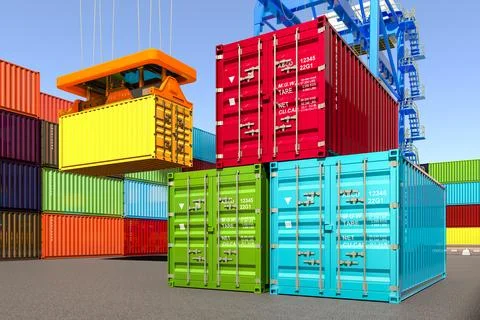 Harbor cranes with cargo container in container terminal, 3D rendering Ilustração Stock
