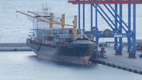 Harbor cranes loading containers on a cargo ship Video stock 120363200