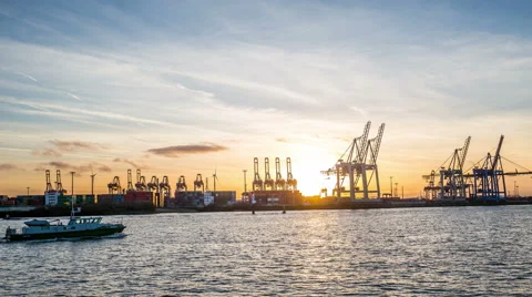 Harbor with cranes, terminal and sunset - hyperlapse tracking shot timelapse Stock Footage 60640526