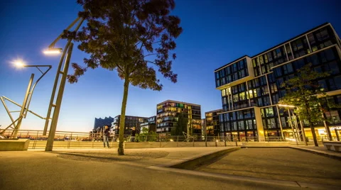 Harbor district with modern building and street light by night timelapse Video stock 55873071