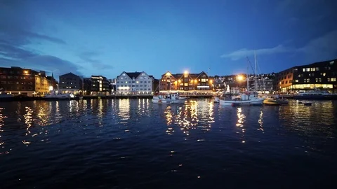 Harbor docks evning pov boat Stock Footage 89504329
