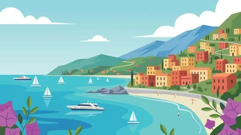 Harbor Dreams Mediterranean Beach Flat Design Illustration Stock-Illustration