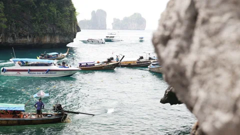 Harbor on the island of Maya bay , Phi Phi Leh in Krabi, Thailand Stock Footage 229239295
