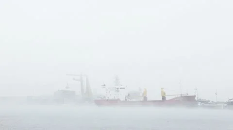 Harbor in mist unloading ship and moving cranes 動画素材 8974159