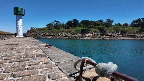 Harbor Navigation Beacon on Stone Pier in Brittany, France Stock Footage 340586150