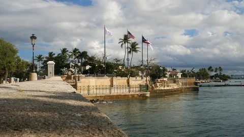 Harbor observation deck at Paseo de la Princesa in Old San Juan Stock Footage 98001278