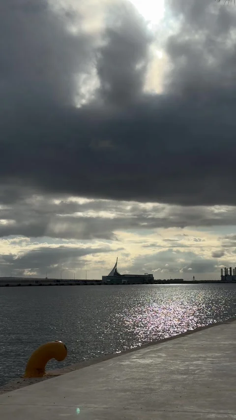 Harbor panoramic view in Alicante with dramatic cloudy sky Stock Footage 297373628
