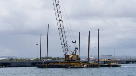 Harbor pylon hammer installation barge rig 2 Stock Footage 39498857