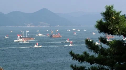 Harbor with sailing replicas of the Turtle ships in Tongyeong, Korea. Stock Footage 62294704