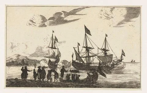 Harbor scene with a mirror sloop; Harbor scene with a landing boat. Seapor... Stock Photos